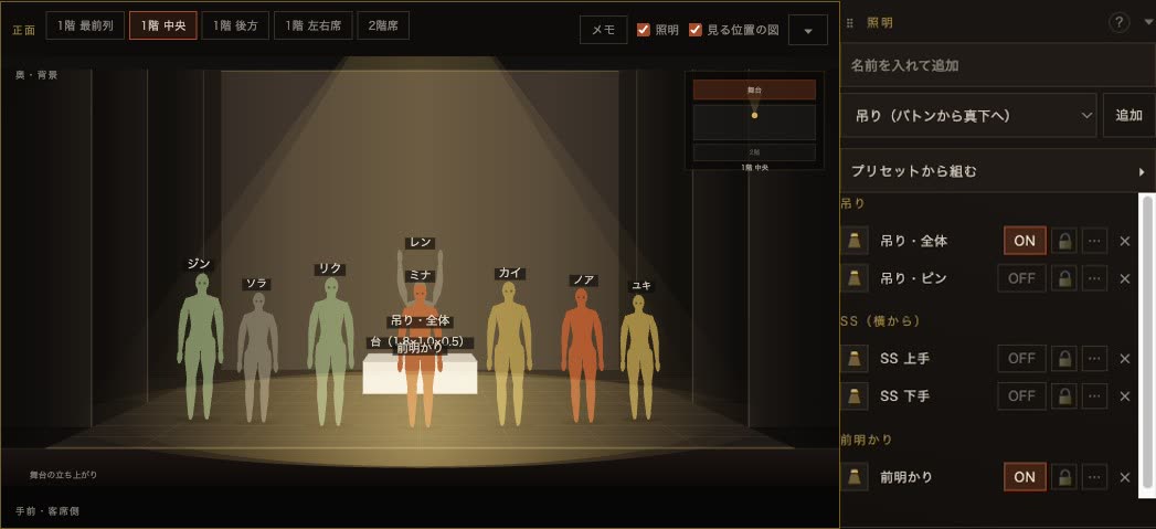 照明を選んだ正面図と、照明の欄